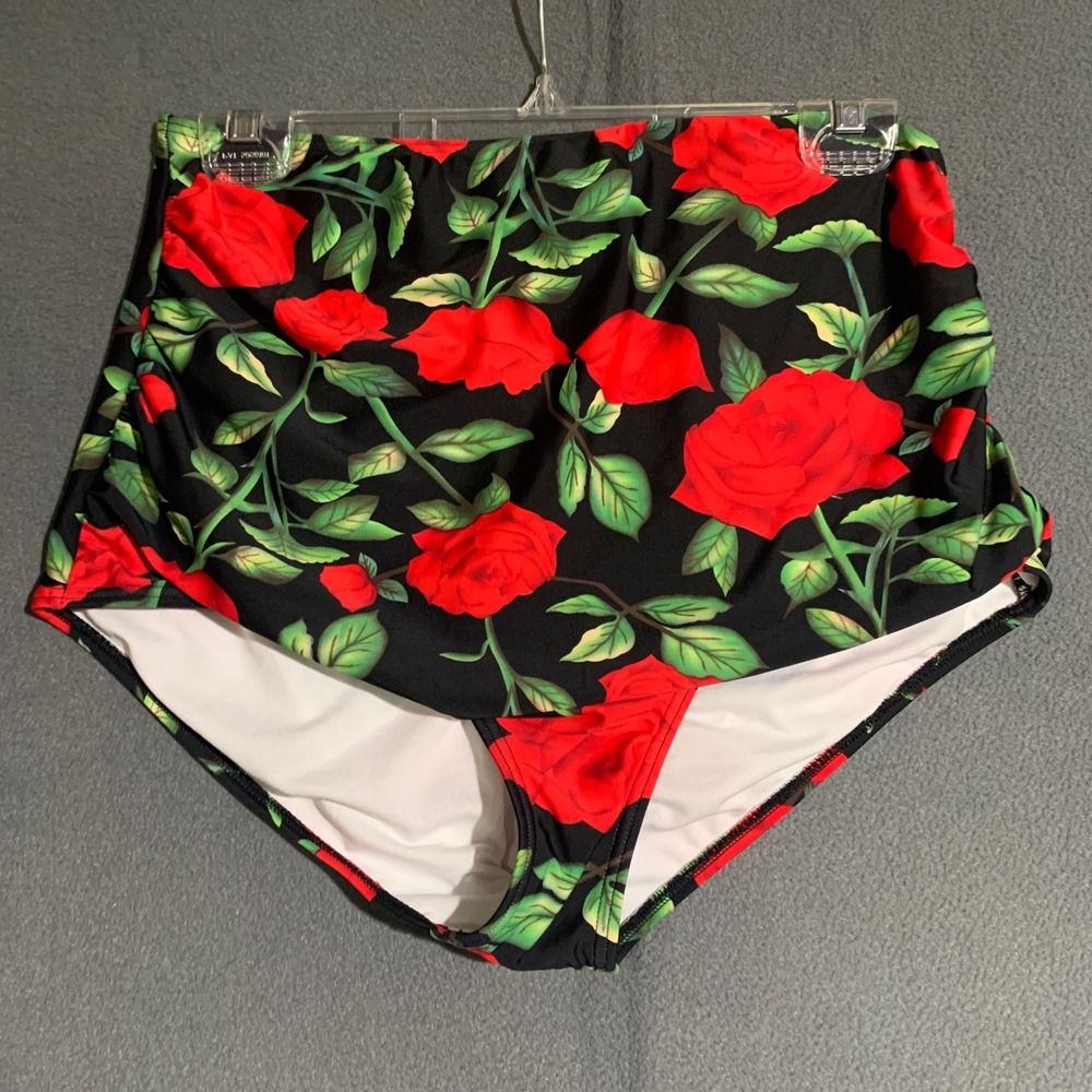 Cocoship Womens 2XL High Waisted Bikini Bottoms Black Red Rose Floral Ruched